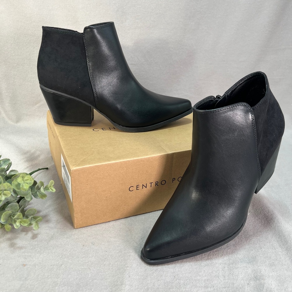 Black Pointed Toe Block Heel Ankle Booties Edgy Street Style Night Out 7.5